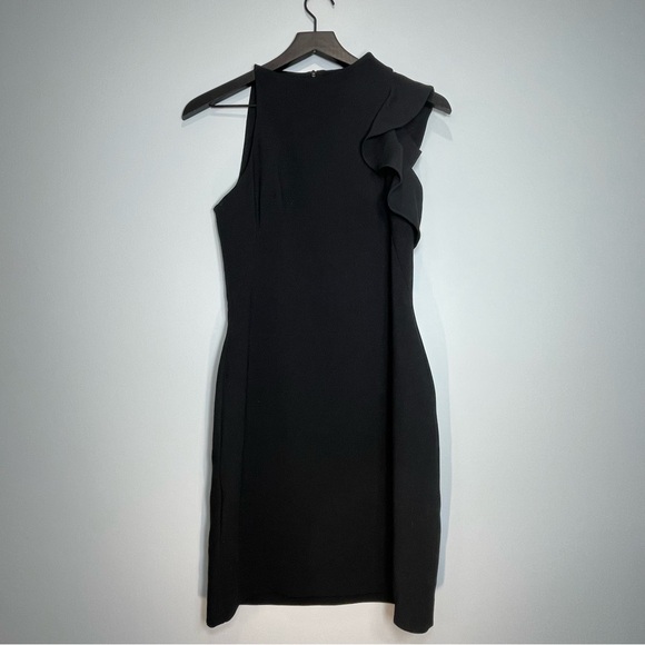 Black Halo Women’s Black Paula Sheathe Dress Ruffle Sleeve One Shoulder Size 2 - Picture 2 of 8